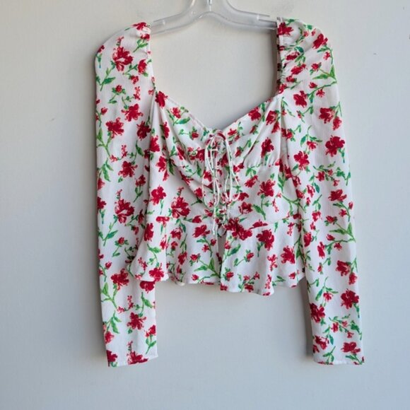 Misguided Square Neck Floral Lace Up Long Sleeve Blouse Top - Picture 2 of 6